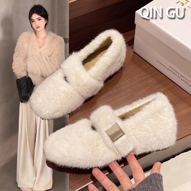 法式绝美毛毛鞋女外穿2025新款秋冬季内增高加绒豆豆鞋厚底棉单鞋