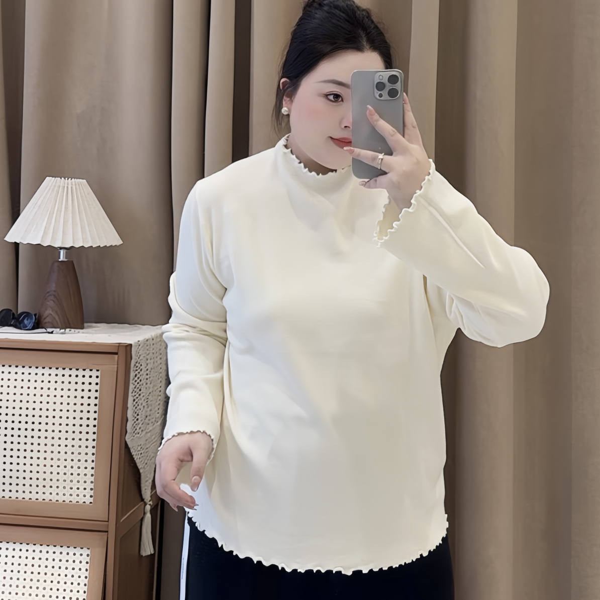 6705文文家秋冬新款木耳边针织衫高弹阔袖大码