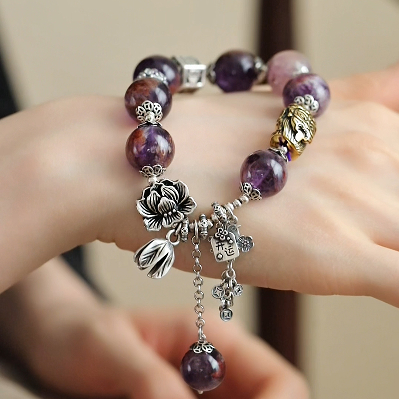 S10629<晶贵坊>s925银紫幽灵古金前世今生扎基拉姆牡丹花珠手串