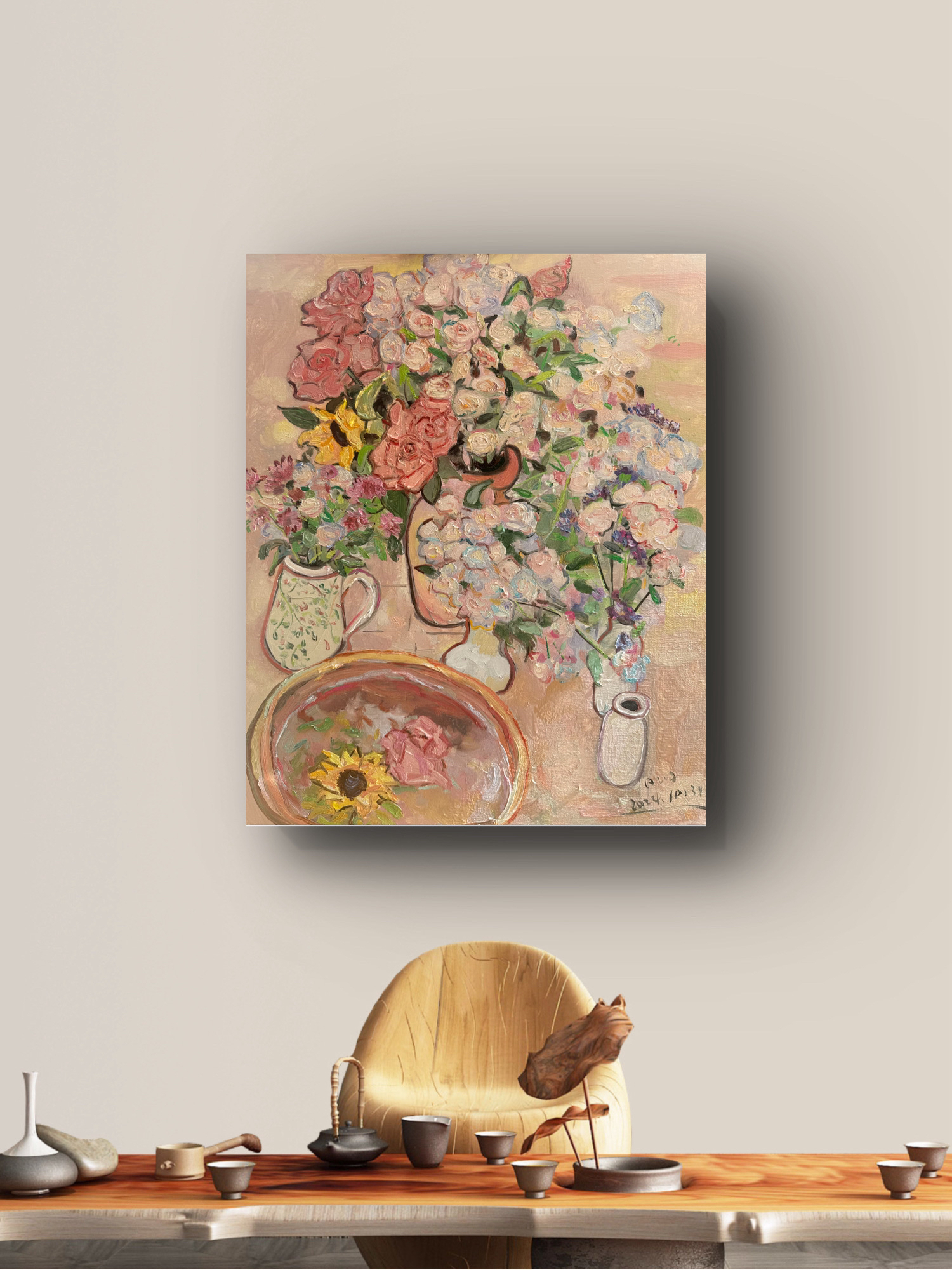 艺术家原创手绘花绽未央玄关挂画小众艺术油画