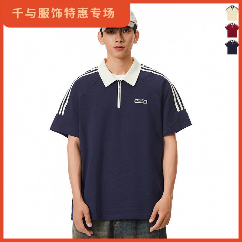 千与服饰 复古翻领POLO衫短袖男女潮牌条纹半拉链情侣休闲T恤