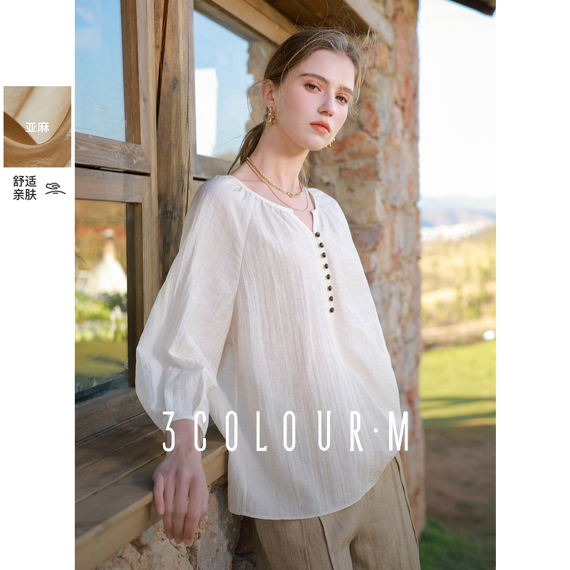 0042【CC专属】三彩2025春季新款V领插肩袖衬衣宽松小衫禅意休dbc