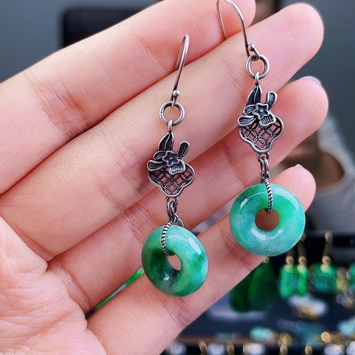 翡翠耳饰银S925镶嵌饰品