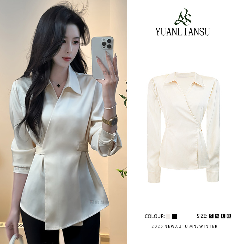 YUANLIANSU/圆脸酥【洛斯心事】法式V领交叉绑带收腰显瘦衬衫702