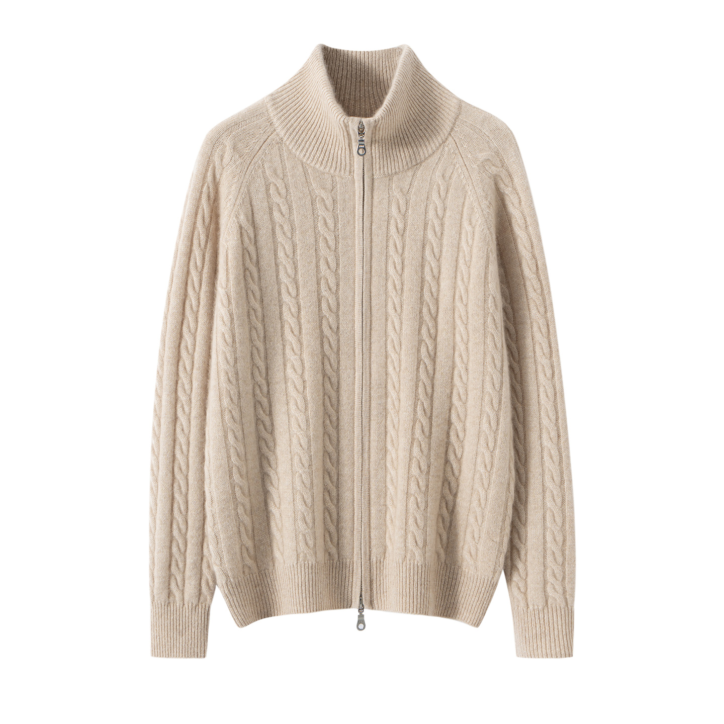 秋冬加厚纯羊毛绞花针织开衫外套女士半高领双头拉链纯色显瘦上衣