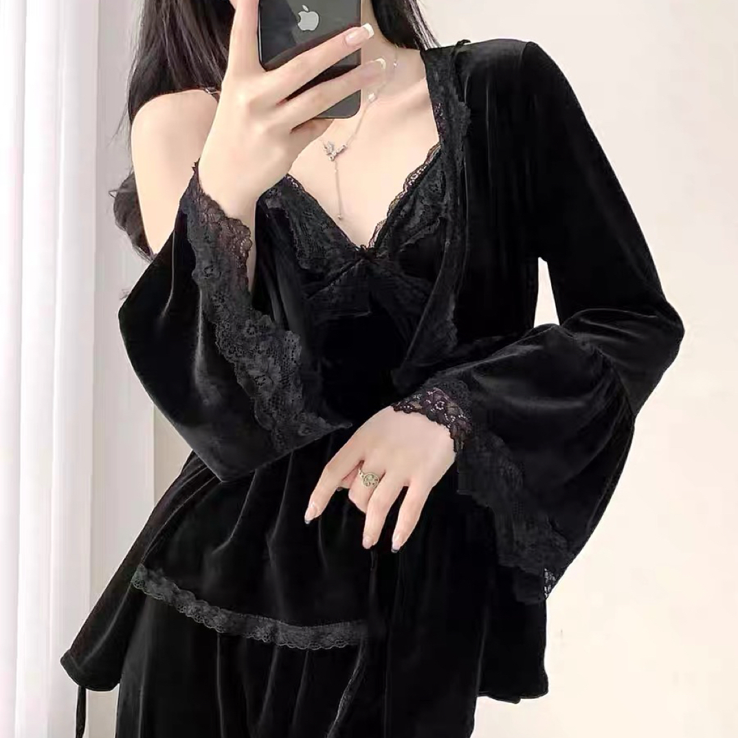 露丝同款金丝绒睡衣女性感纯欲2025秋冬新款长袖吊带家居服三件套