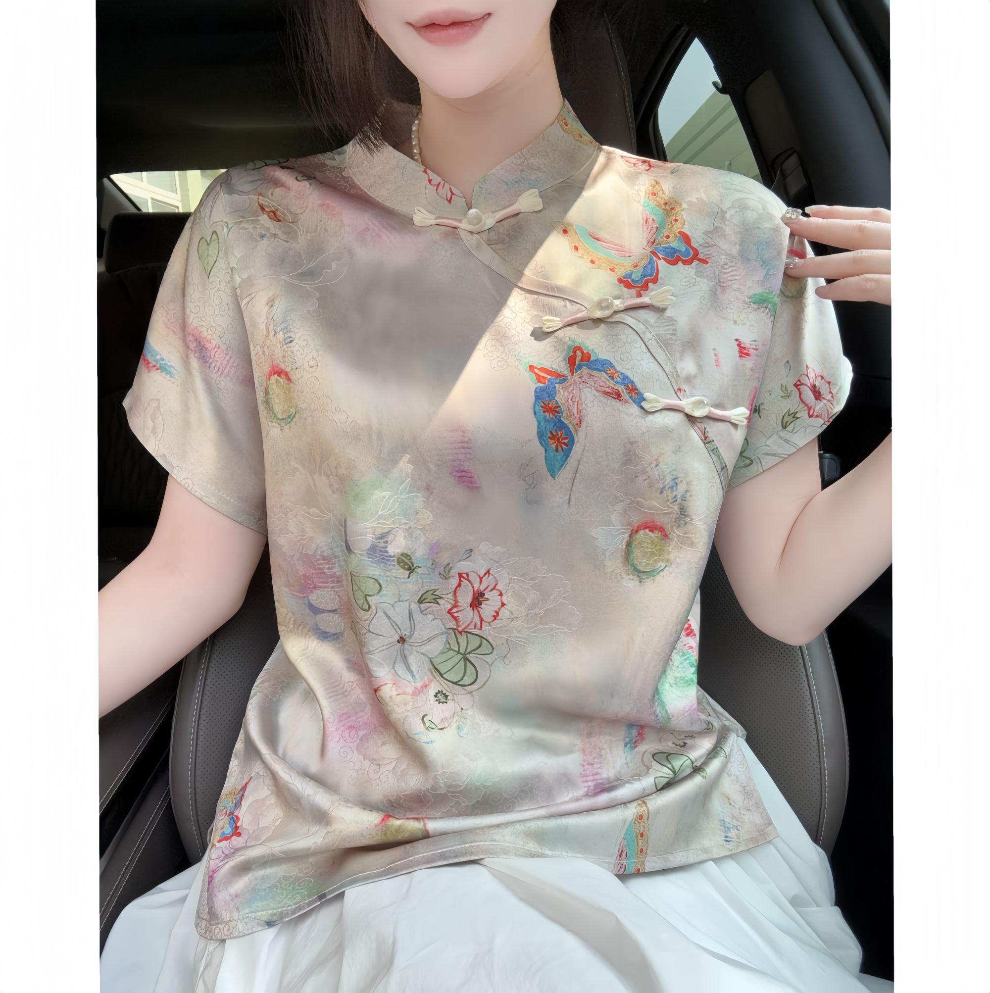 【听荷语】小衫蝴蝶短袖丝滑舒适女装百搭透气精致提花显瘦浅色