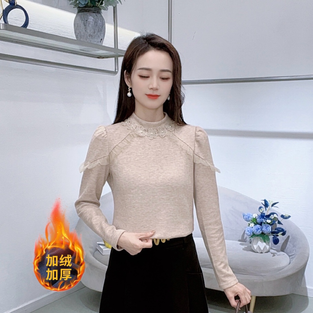 A9201法式时尚长袖T恤女花边拼接冬季新款显瘦百搭洋气减龄上衣