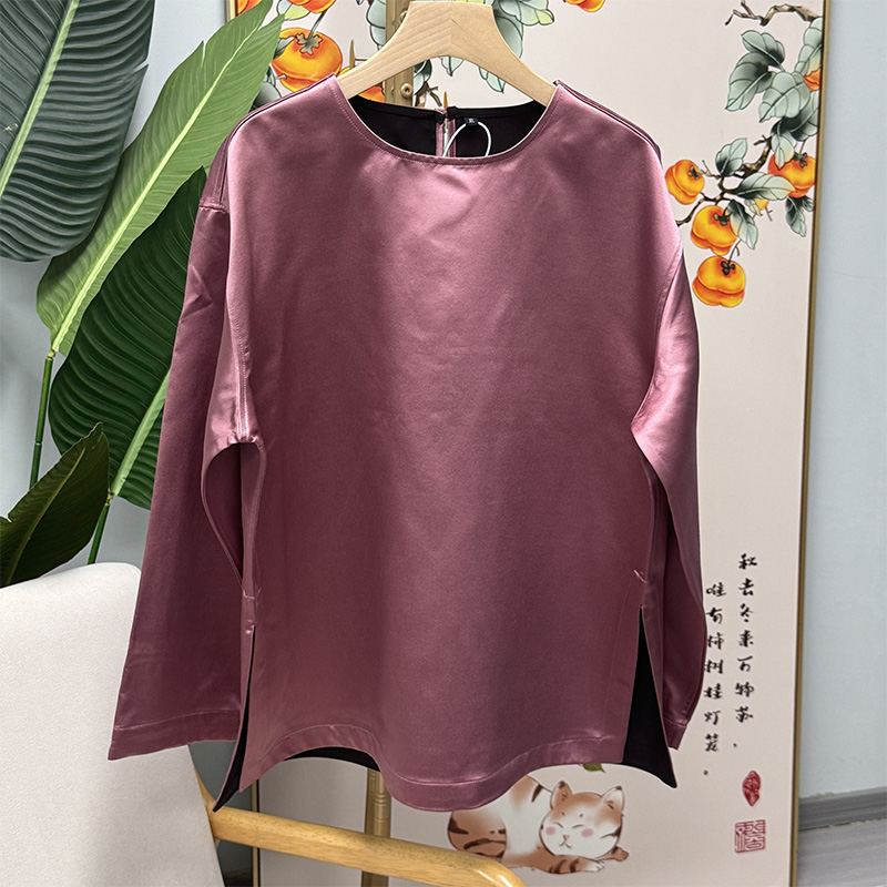 预九条蚕100桑蚕丝60贵妇皮灰粉色纯色香云纱一粒扣打底衫上衣