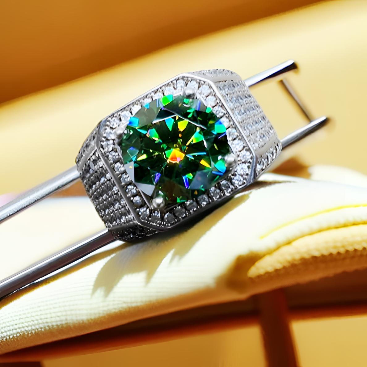 925银莫桑石戒指 【满天星男戒】蓝绿色通用链接情侣气质奢华款式