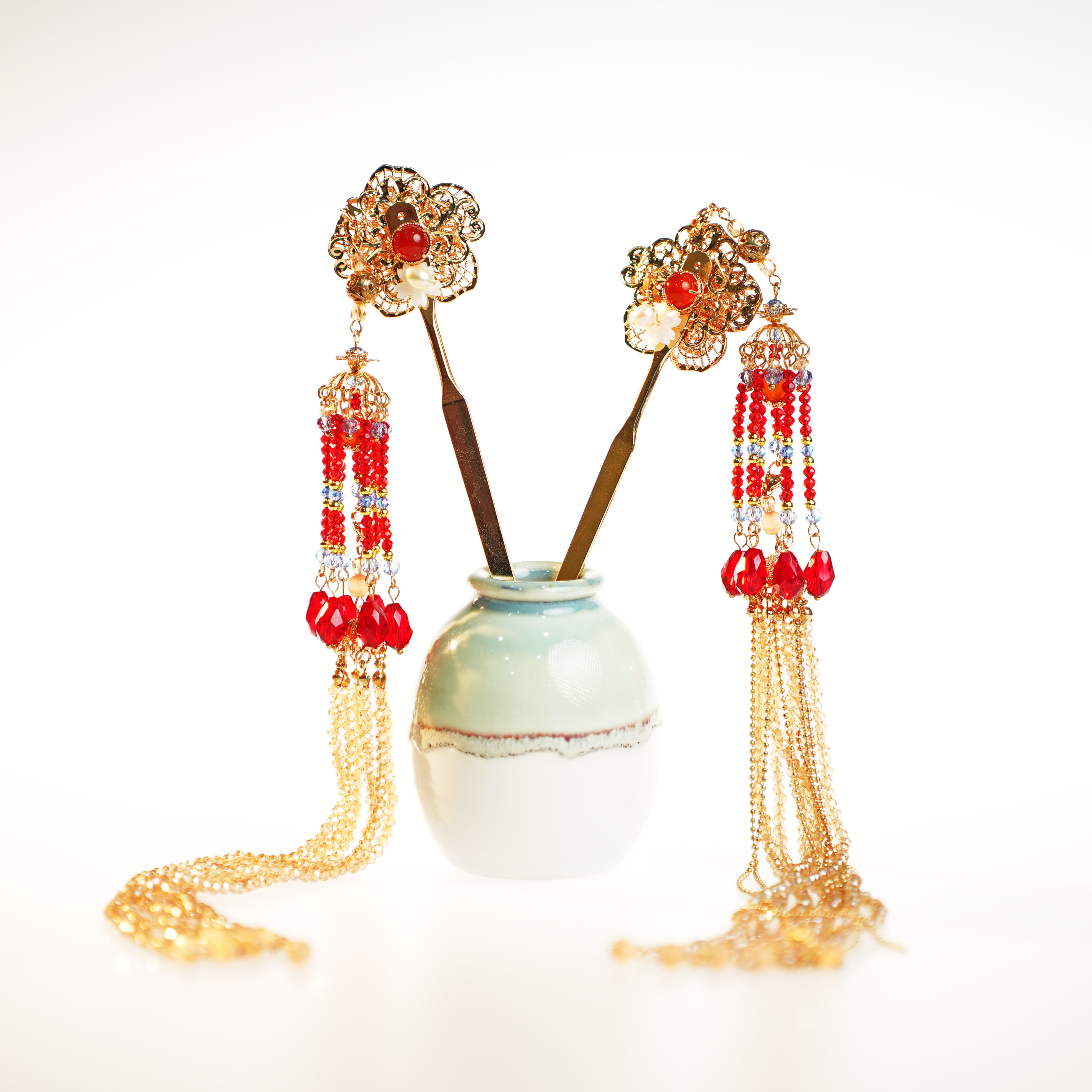 古悦倾城（飞花令）古风汉服发饰红色流苏盘发发簪