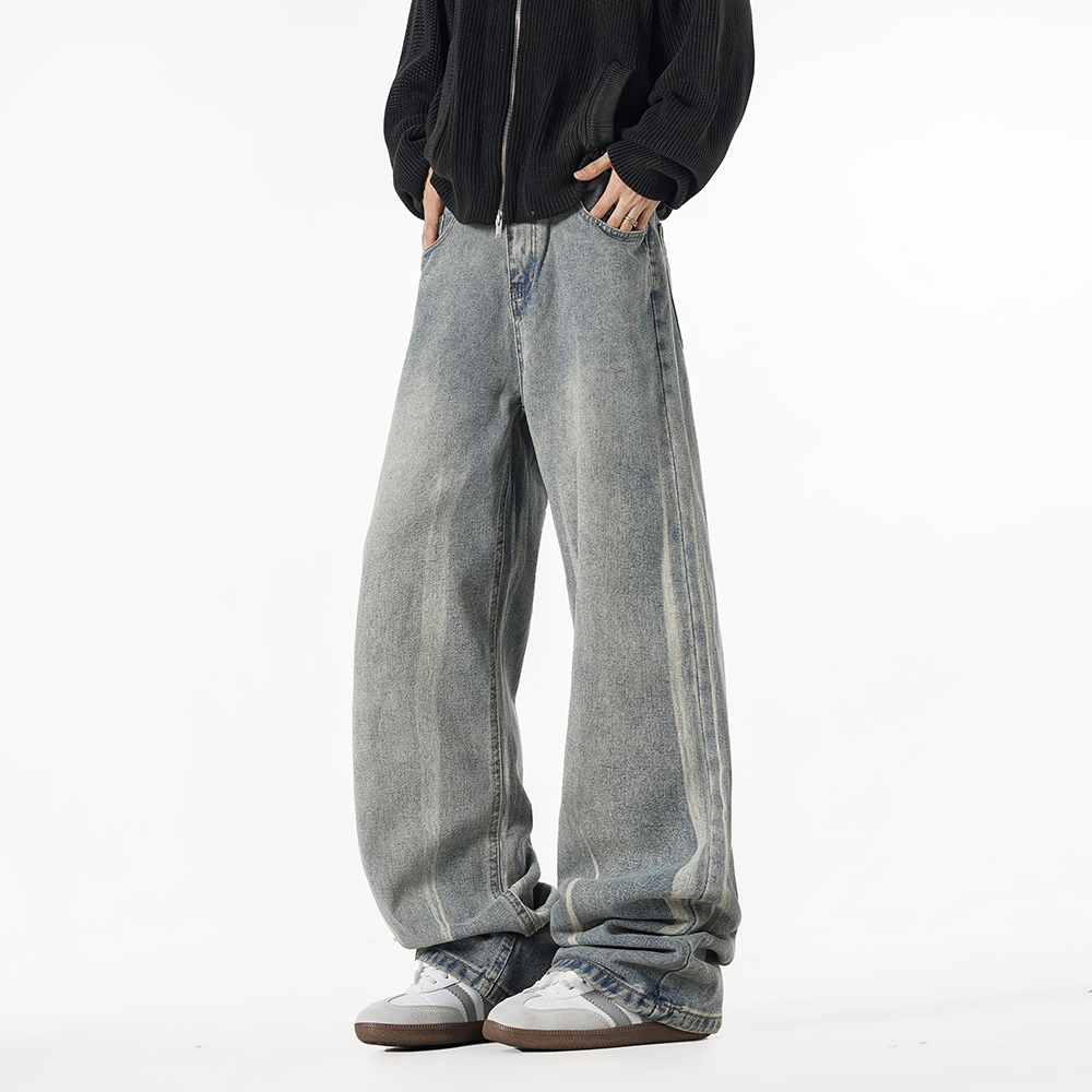 秋冬油漆美式工艺牛仔裤复古百搭水洗宽松高街潮流显瘦休闲裤