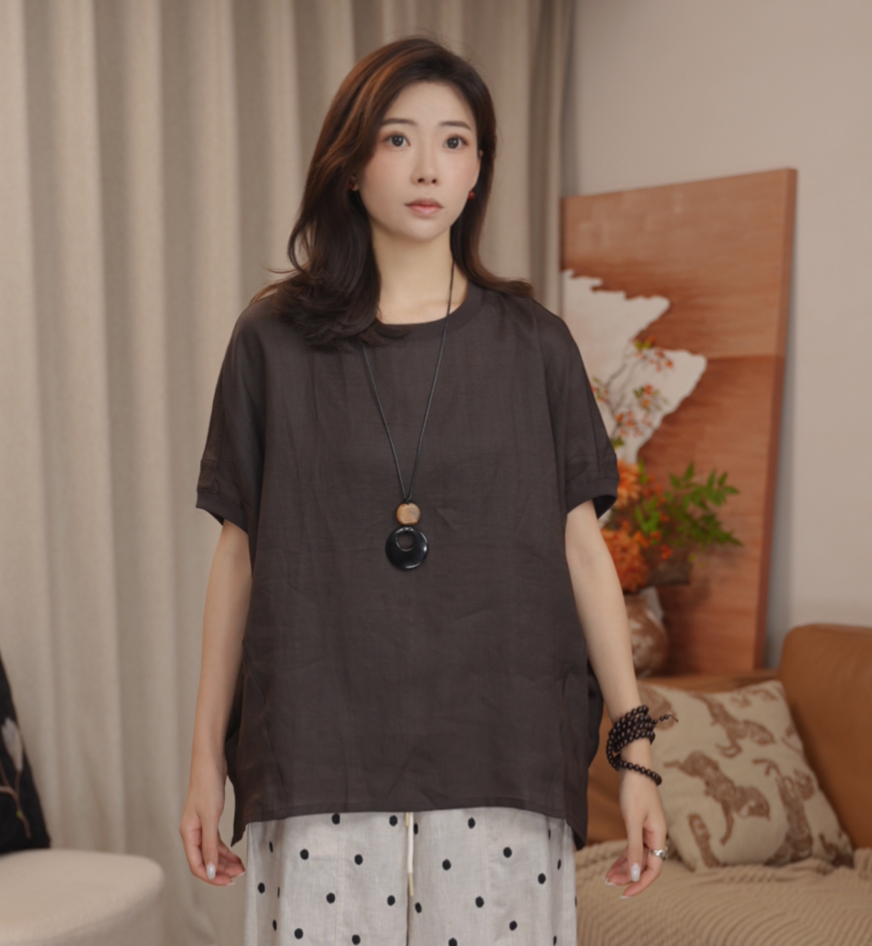 CHENGRAN"韵紫"夏季纯色透气亚麻短袖圆领宽松休闲T恤女