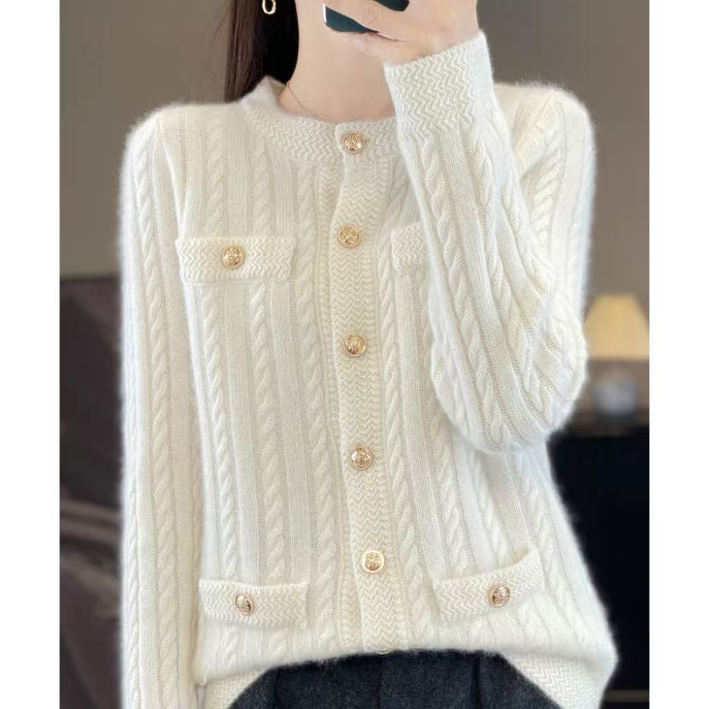  涵玖玥【100羊毛】小麻花纽扣精致小香开衫外套上衣Zm07-052