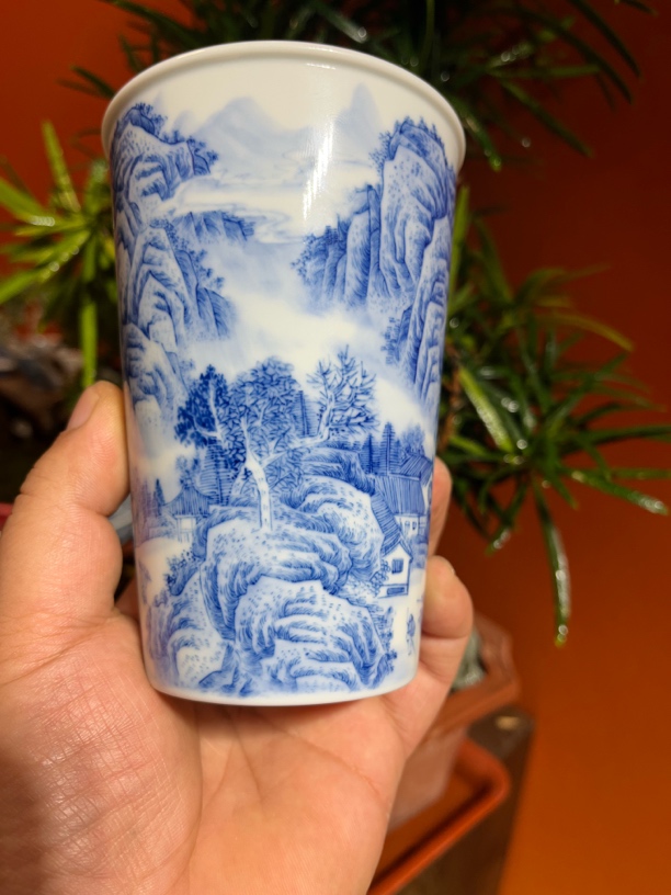 纯手工手绘釉下仿古泥青花里外绘工笔山水可乐杯
