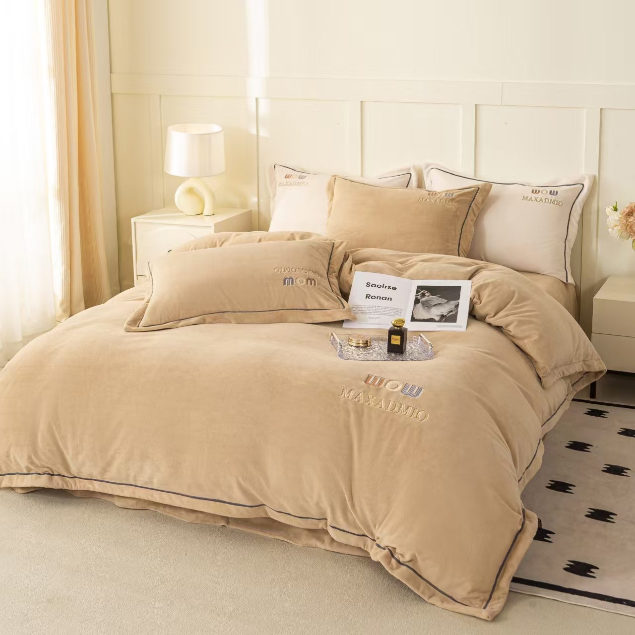 【晴美】高克重牛奶绒刺绣四件套-咖色