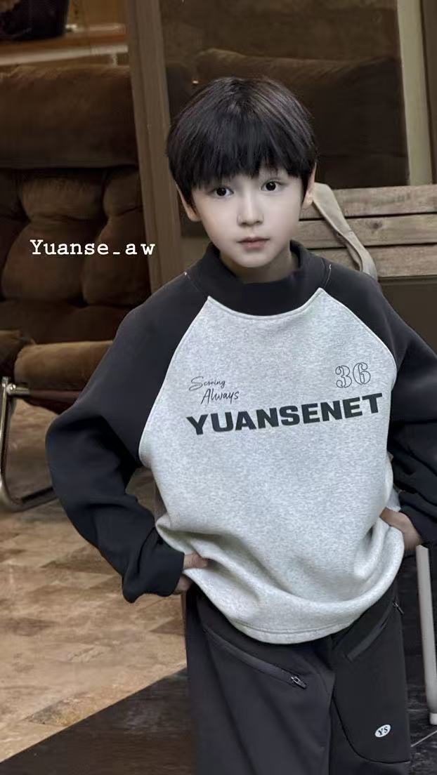 YS-25072  儿童秋冬桑蚕丝羊毛加绒卫衣T中大童插肩袖上衣