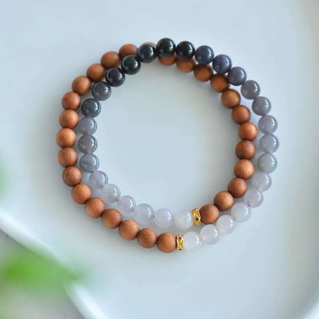 天然和田玉烟紫渐变S925银镀金镶嵌DIY老山檀香手串