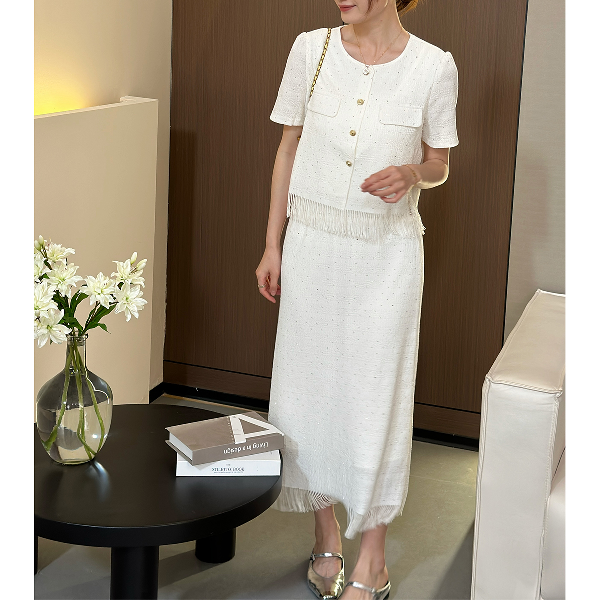 【直播】小香风流苏短款薄款高级感休闲短款上衣+裙子套装81007