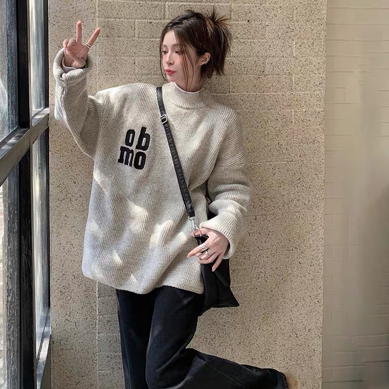 0290 SJXSL字母刺绣套头毛衣宽松慵懒风加厚软糯潮流针织衫大仓库