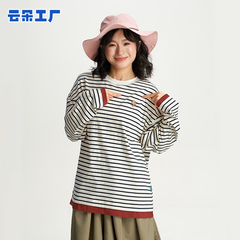 云朵工厂花学家拼色条纹T恤长袖女宽松休闲百搭圆领上衣户外春夏