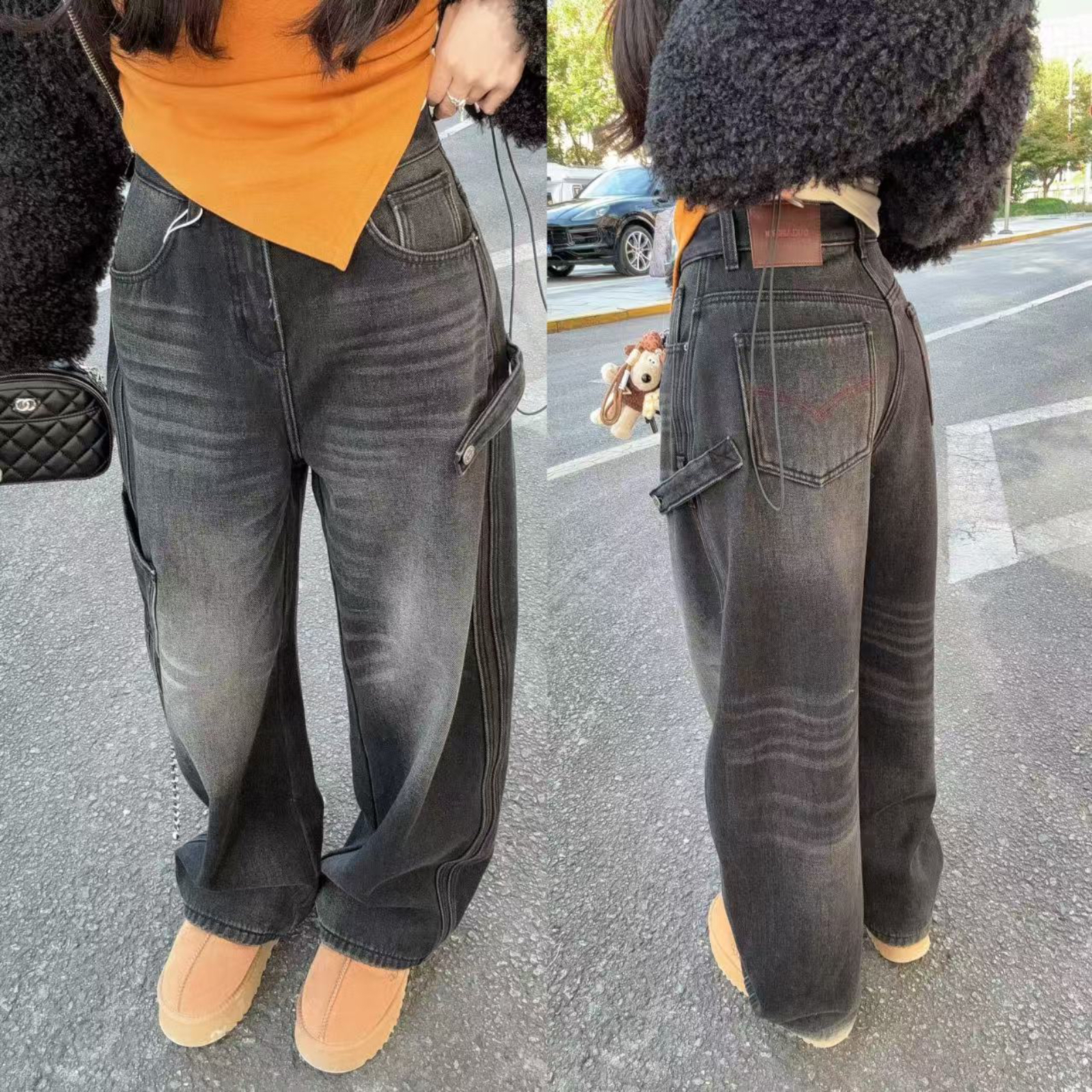 LIN-【复古街头】欧货高品厚绒黑灰直筒牛仔裤