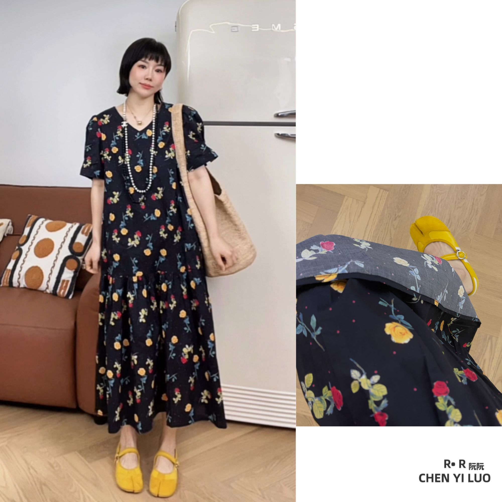 【阮阮R·R定制款】夏季新品V领时尚度假日常小众碎花连衣裙99913