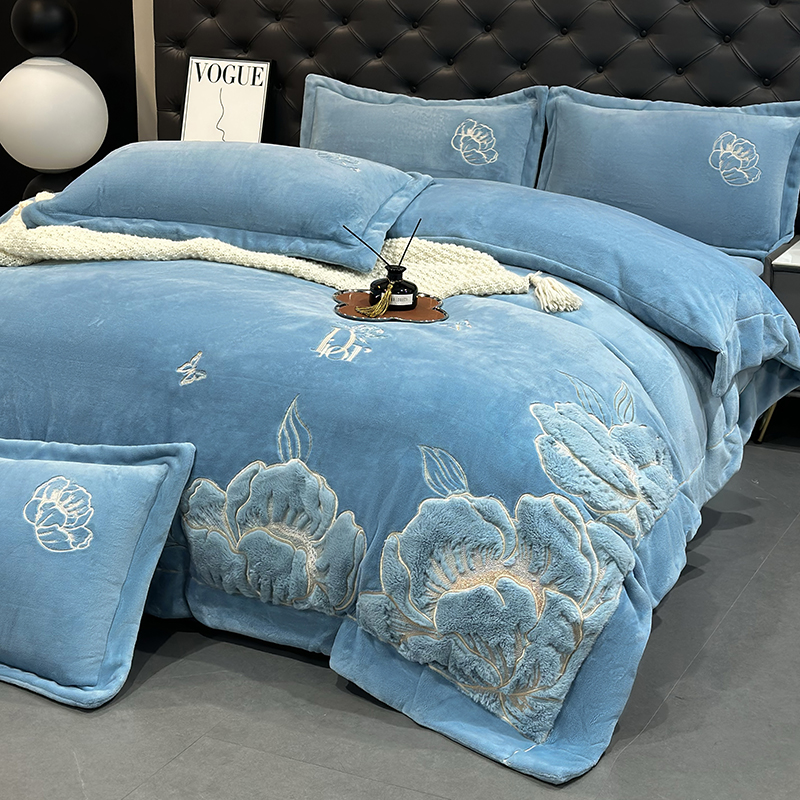 【芙蓉】蓝绣花加厚牛奶绒绒四件套刺绣婴肤绒绒被套大床单枕套