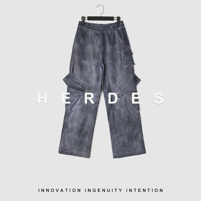《HERDERS》‘水墨风系列’直筒低腰工装水墨风羊皮皮裤 40113