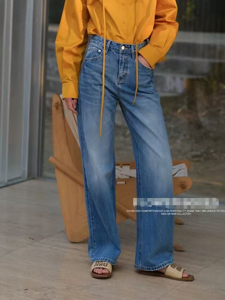 HCC 65850 浅蓝色做旧复古春夏窄版阔腿拖地裤~