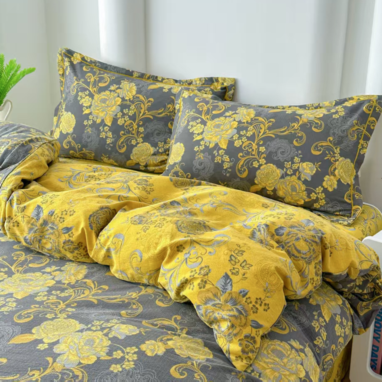 黑金牡丹 轻奢复古双层纱亲肤田园四件套高档家纺床上用品 双面