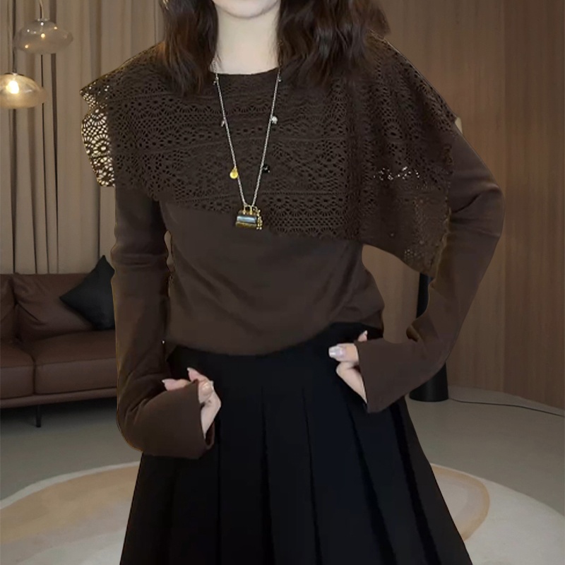 小众减龄设计感拼接镂空圆领T恤女春秋韩系慵懒显瘦纯色百搭上衣