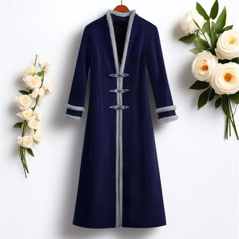 新中式加绒加厚高档雪尼尔旗袍外披大衣时尚气质百搭保暖外套女