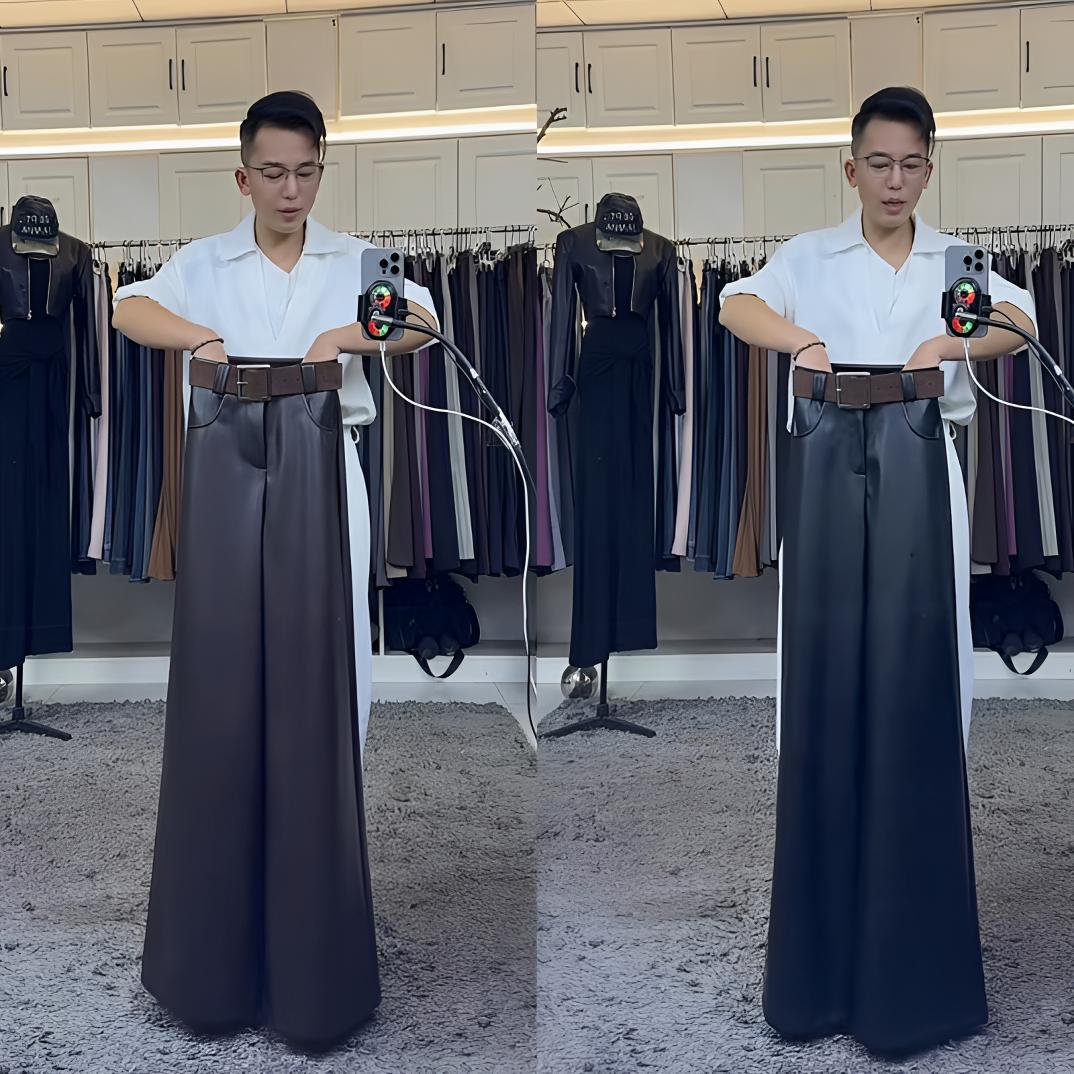 燕龙原创3336美式复古纯欲高腰显瘦阔腿拉绒皮裤女休闲百搭长裤