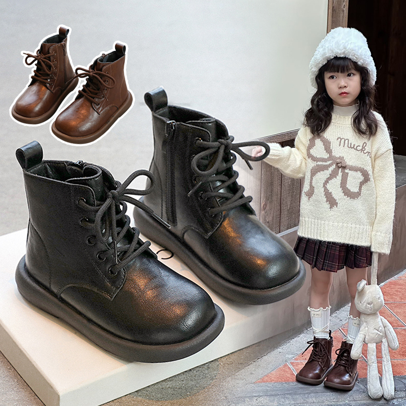 女童靴子秋冬加绒儿童短靴女大童黑色洋气冬男童马丁靴小女孩冬天