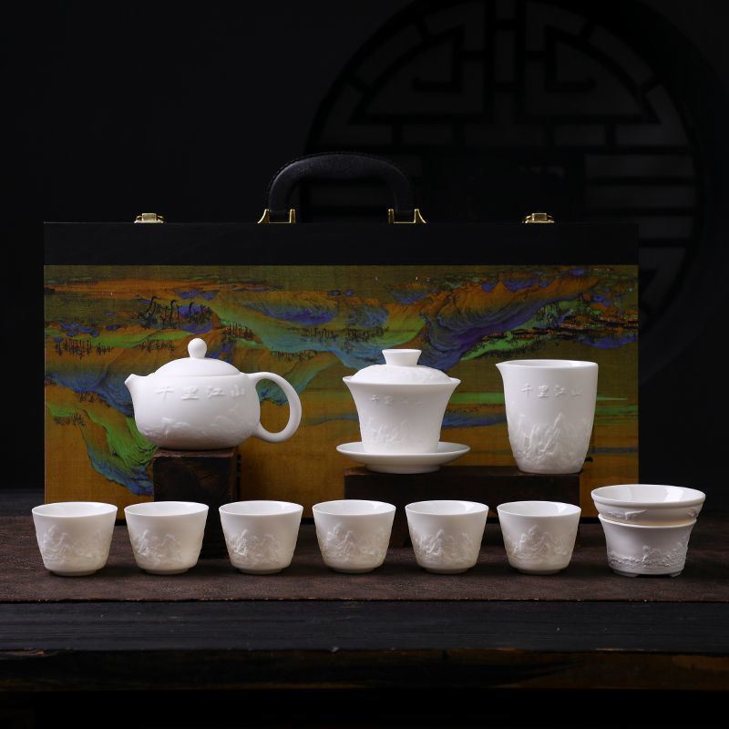 A-102(礼盒装)素烧羊脂玉凤鸣壶+悬停盖碗功夫茶具（礼盒随机）