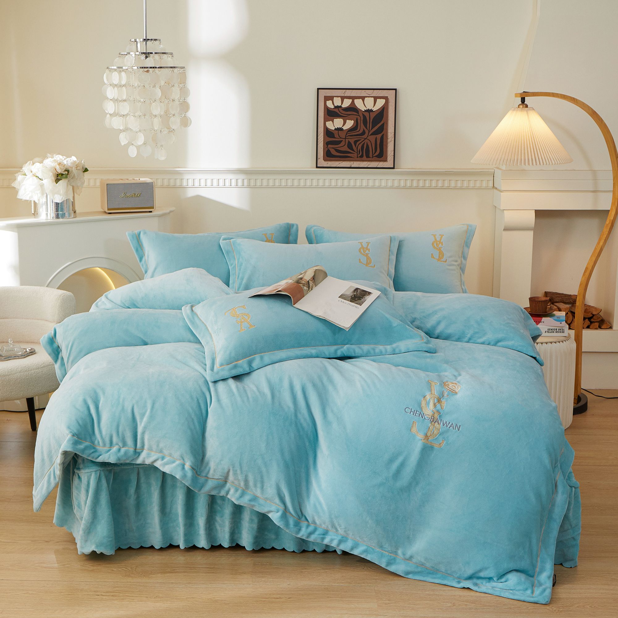 【圣椤蓝】 加厚特厚 床单床裙款床盖四件套 轻奢简约款床上四件套