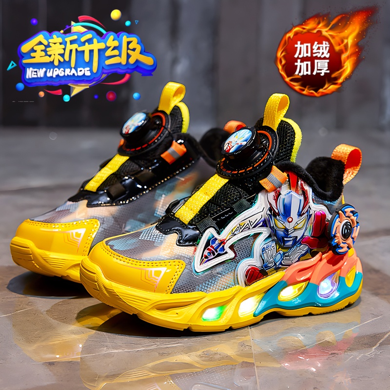 2025冬季男童潮流风车炫酷加绒保暖轻便软底亮灯鞋纽扣运动鞋