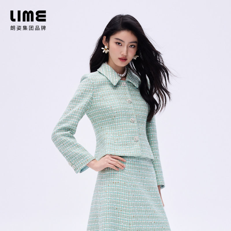 朗姿/莱茵【春绮漫舞】优雅格纹薄雾草地绿色翻领套装LDHADACCJ303