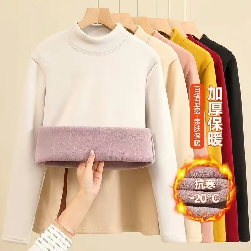 加绒加厚打底衫女秋冬新款半高领奥粒绒保暖长袖T恤内搭保暖上衣