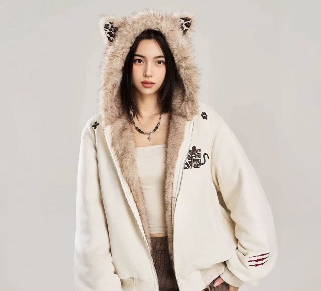 N家小恶魔豹纹麂皮毛领座山雕加厚棉服外套男女