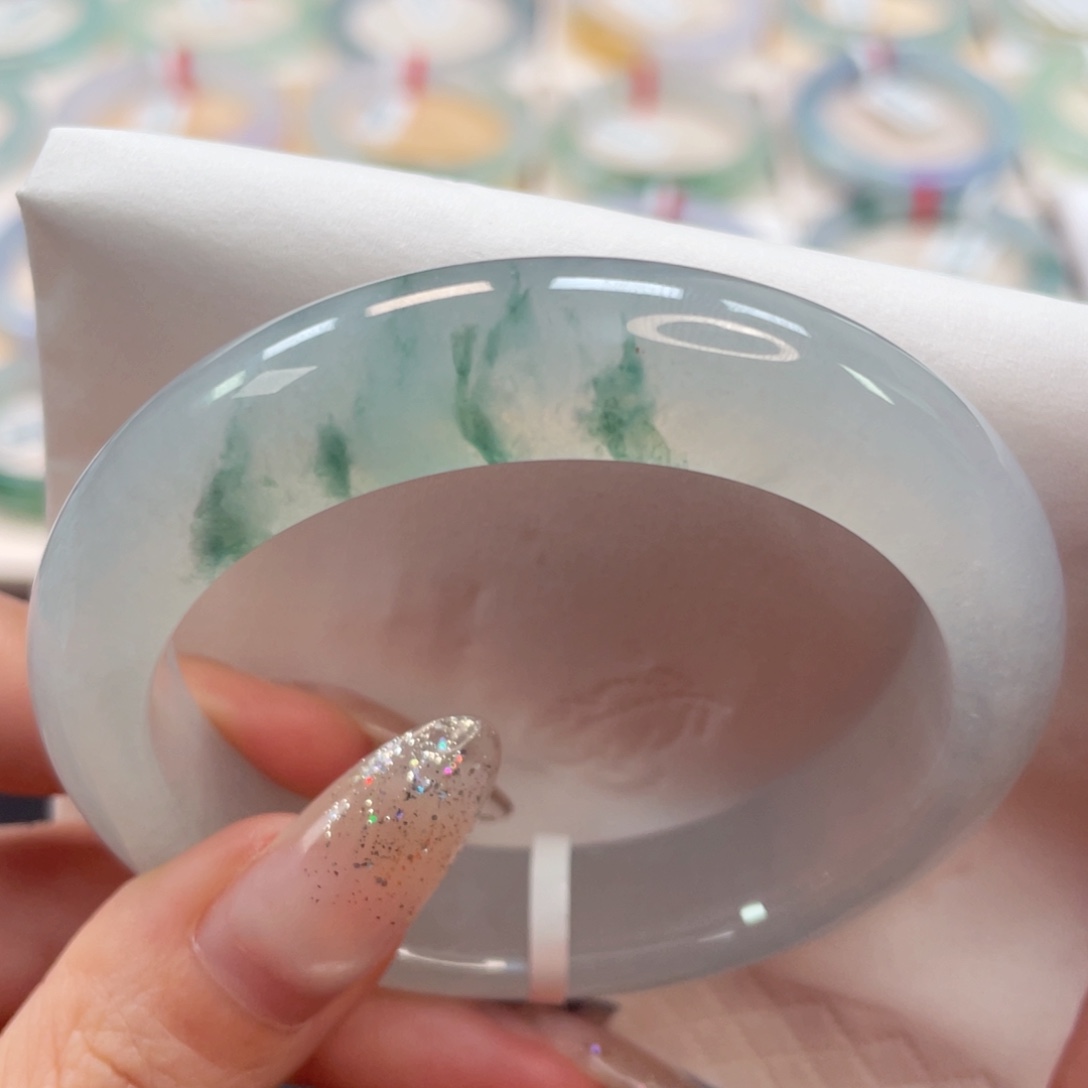 未镶嵌手镯翡翠54.5大冰透飘绿花清货价24号