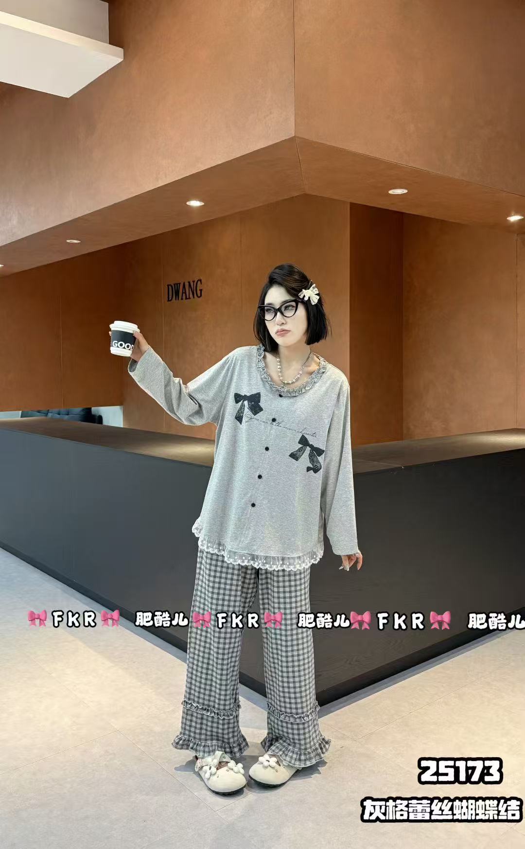 秋季新款女士大码纯棉蝴蝶结长袖长裤睡衣家居服套装25173