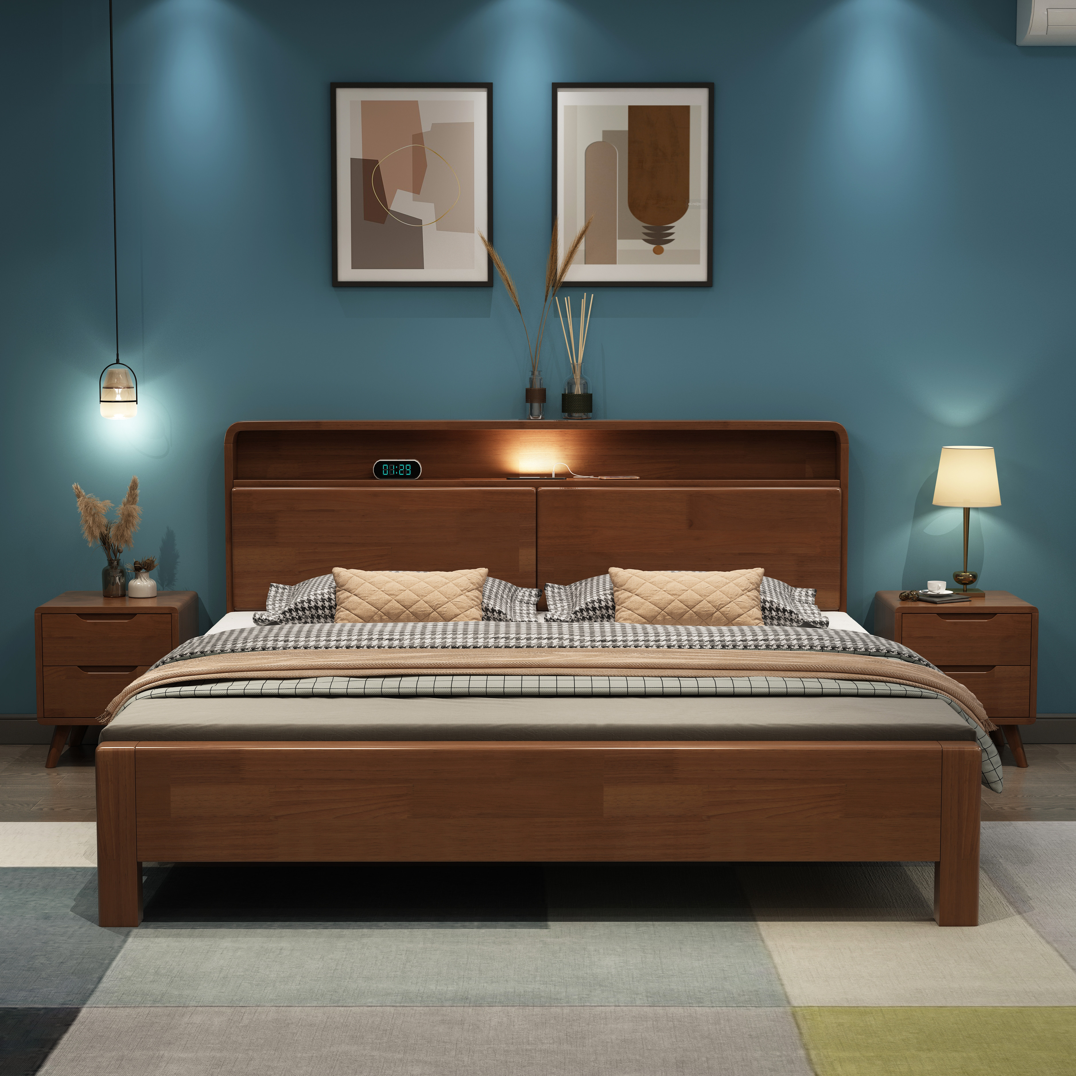 北欧现代简约实木床主卧1.5m单双人床高箱储物夜光床家用原木家具