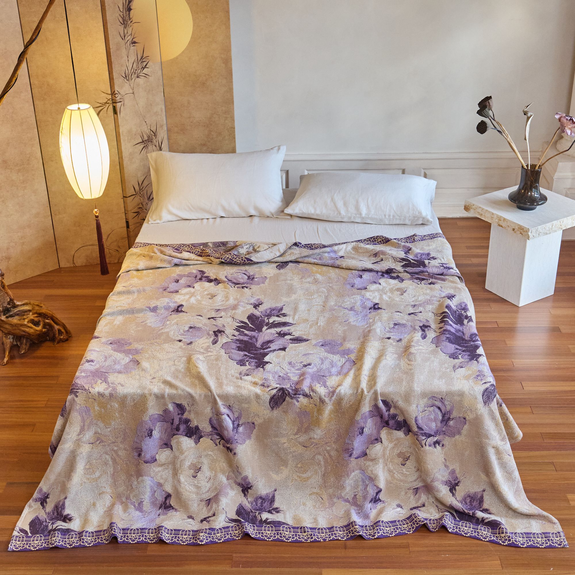 床盖毯【墨染海棠】2x2.3米 高端轻奢双人四季多功能可铺可盖盖毯