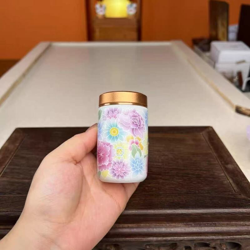 珐琅彩太阳花旅行茶叶罐-3719便携直筒