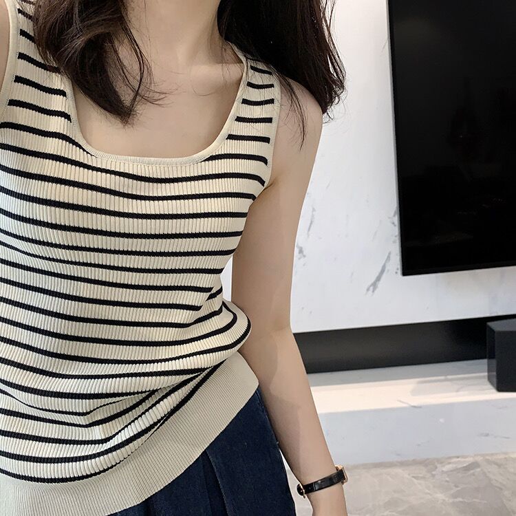 「遮肉显瘦 冰麻针织背心」韩版夏季打底百搭无袖条纹吊带外穿