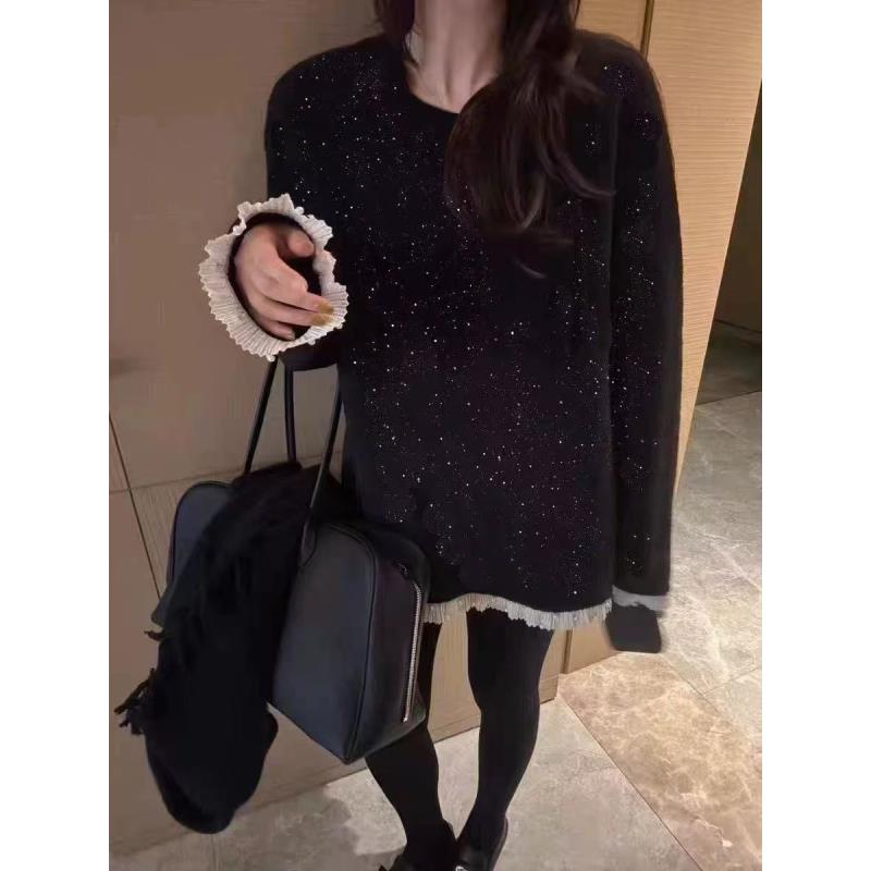 小雅姐姐 韩系闪银拼接蕾丝钉珠设计感加厚圆领卫衣IJ70