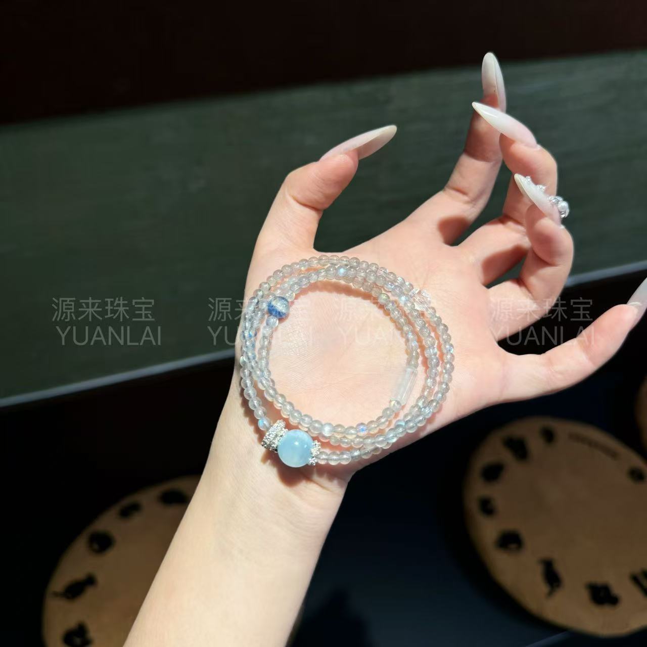 YY25 天然灰月光海蓝宝三圈手串