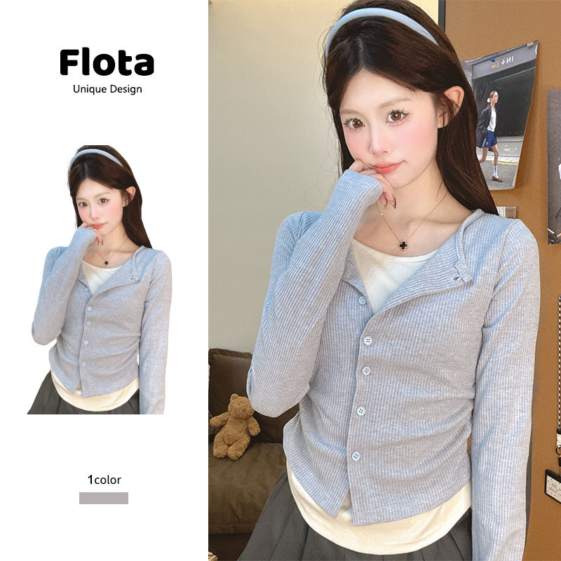 【flota】假两件翻领圆形纽扣蓝色温柔小清新修身显瘦韩系上衣3162